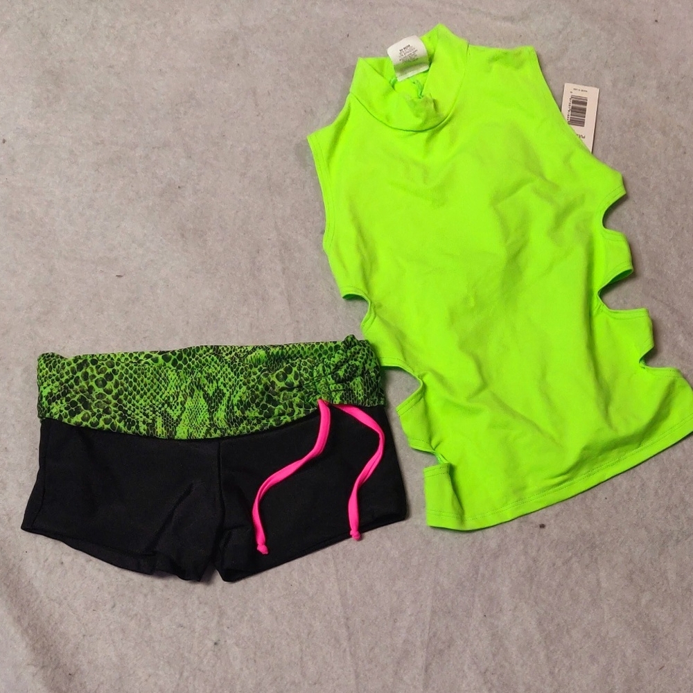 Neon Green Cutout Top and Black Shorts Set